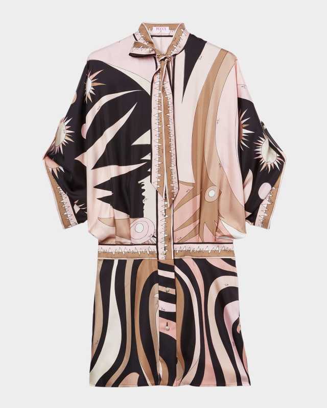 Marmo Silk Neck-Tie 3/4-Sleeve Mini Shirtdress